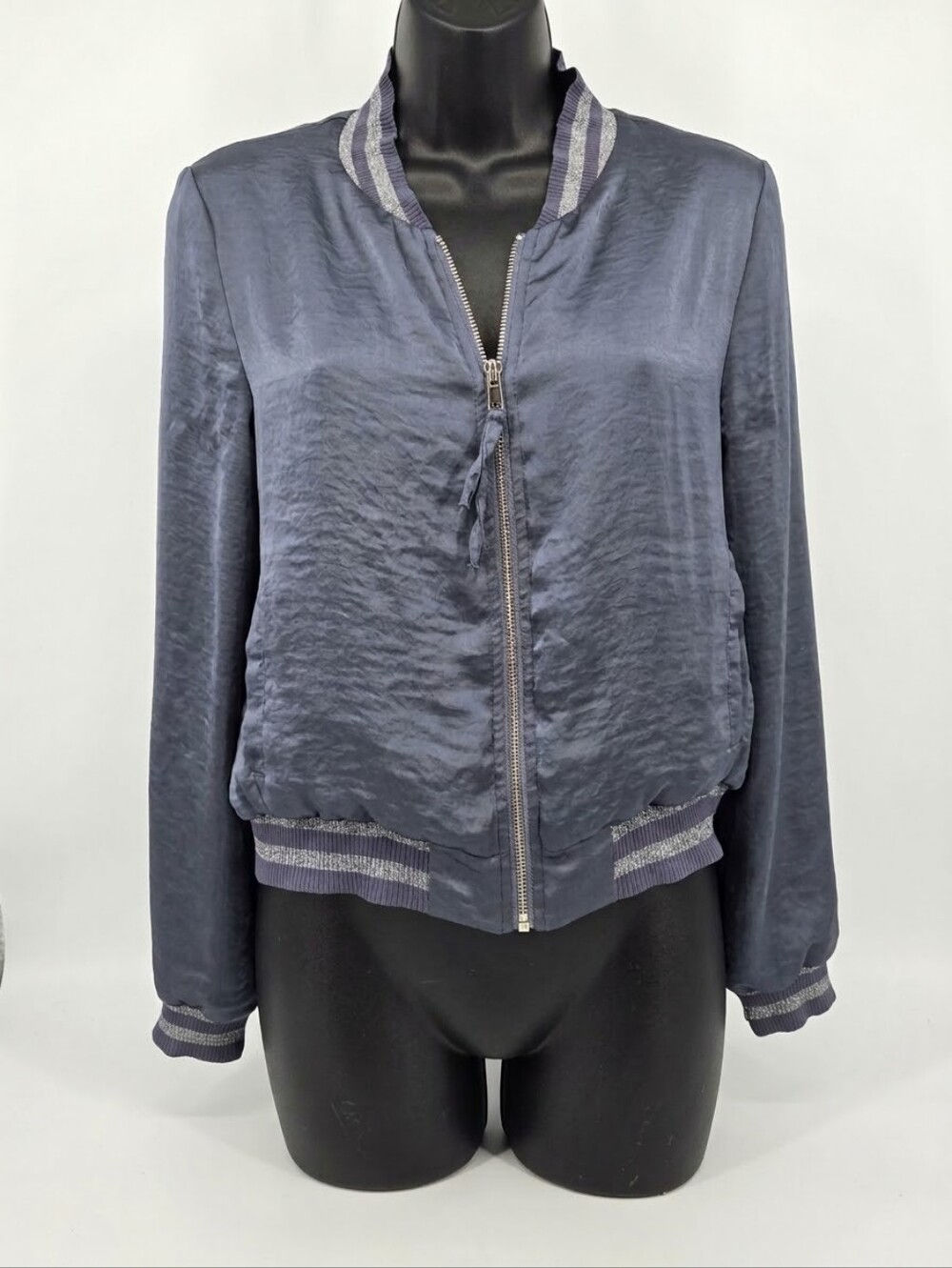 Lucy Paris Womens Satin Bomber Jacket Navy Blue Glitter Metallic Trim Zip